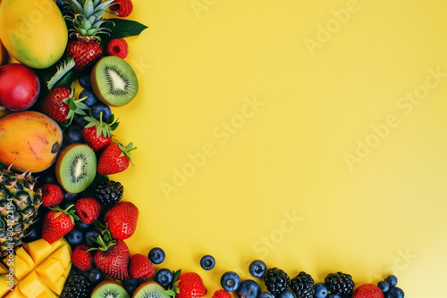 Composition of various fruits arranged on the left side against a bright yellow background. Includes pineapples, mangoes, strawberries, blueberries, kiwi fruit. Comercial photography.