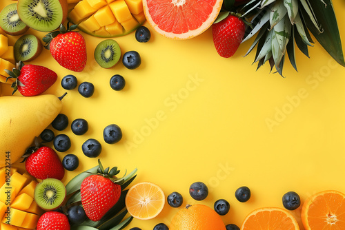 Vibrant and colorful composition of various fresh fruits on yellow background. Includes mangoes, pineapples, strawberries, blueberries, kiwis, oranges. With copy space for text or design elements.
