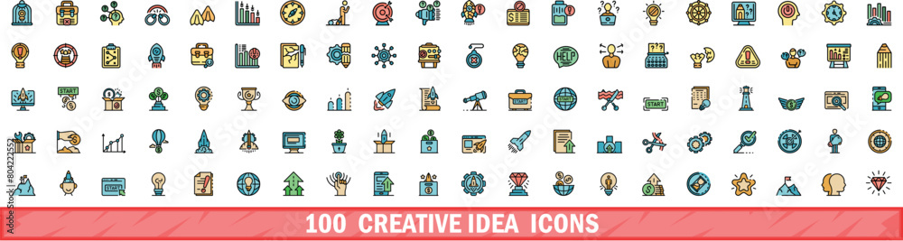 100 creative idea icons set. Color line set of creative idea vector icons thin line color flat on white 100 creative idea icons set. Color line set of creative idea vector icons thin line color flat on white