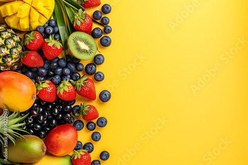 Composition of various fruits arranged on the left side against a bright yellow background. Includes pineapples, mangoes, strawberries, blueberries, kiwi fruit. Comercial photography.