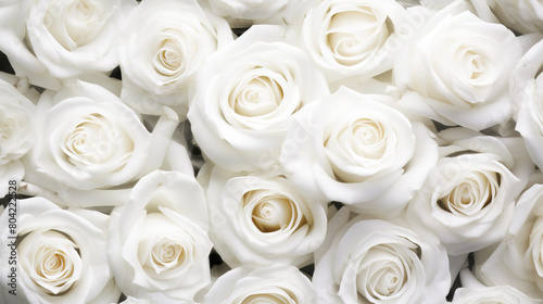 Nature  flower buds of white roses in summer top view  wallpaper background. AI generated.