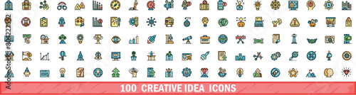 100 creative idea icons set. Color line set of creative idea vector icons thin line color flat on white