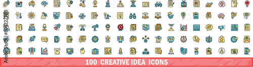 100 creative idea icons set. Color line set of creative idea vector icons thin line color flat on white
