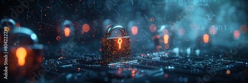 A visual representation of a cybersecurity threat. Flowing silhouettes of fragmented padlock icons, colored light gray and navy, depict a network under attack