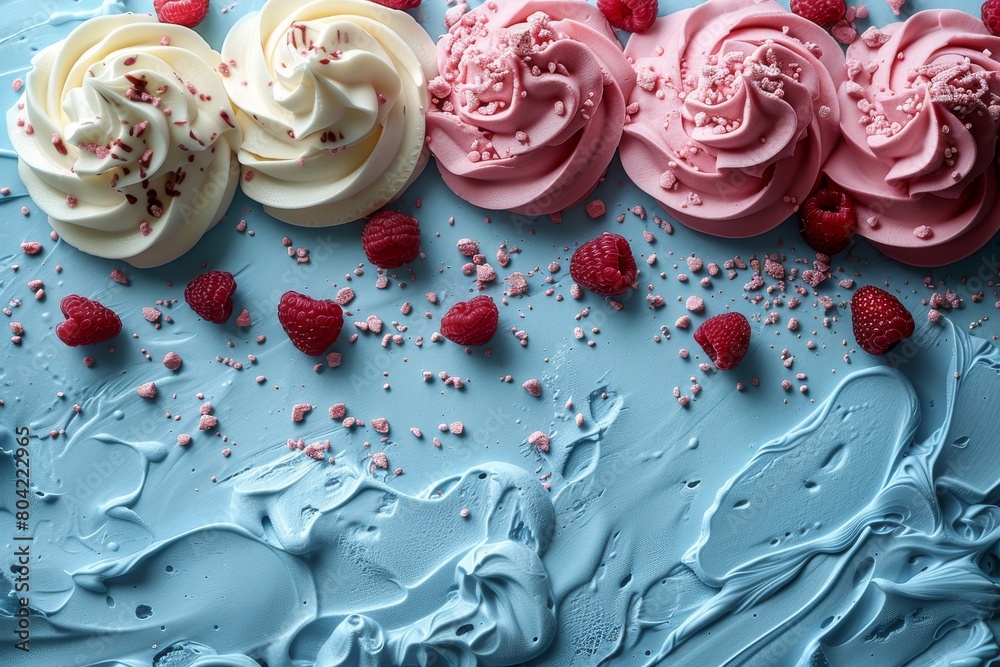 A delicious array of pink and white frosted cupcakes adorned with fresh raspberries and sprinkles A delicious array of pink and white frosted cupcakes adorned with fresh raspberries and sprinkles