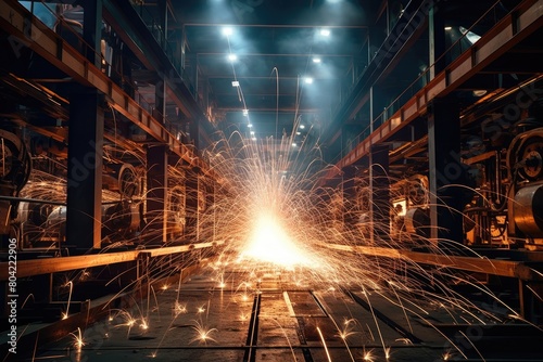 Industrial area with sparks flying and welding lights.