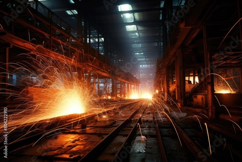 Industrial area with sparks flying and welding lights.