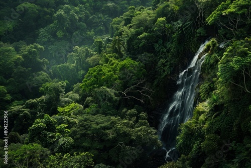 A powerful waterfall flows through a dense green forest  surrounded by tall trees and lush vegetation