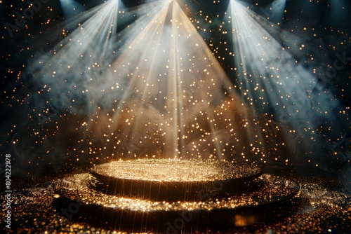 A black podium with golden glitter on a center stage bathed in bright spotlights photo