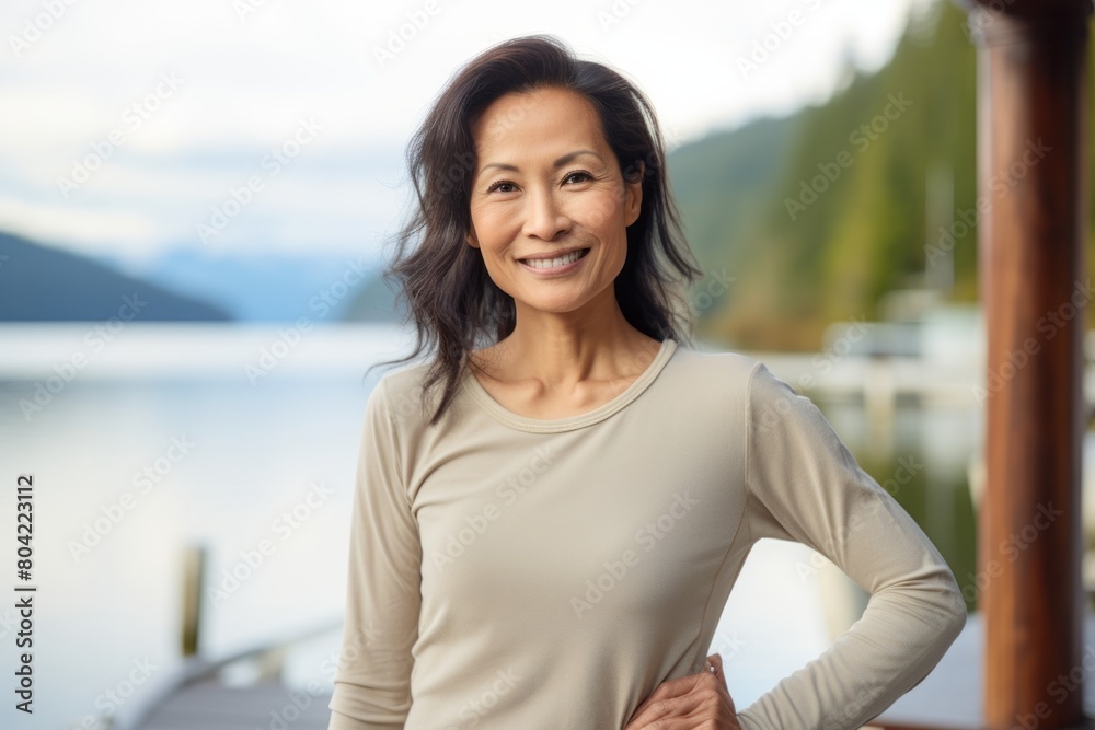 Portrait of a satisfied asian woman in her 40s sporting a long-sleeved thermal undershirt while standing against serene lakeside view