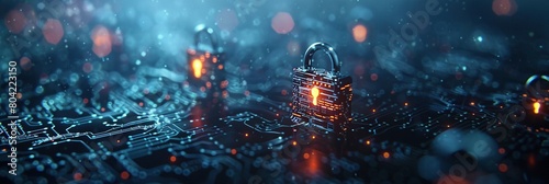 Selective focus on a network security breach. Light gray and navy fragmented padlock icons symbolize the attack, with malware infiltration in the background. photo