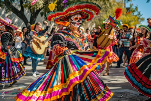Group of individuals dressed in vibrant costumes, dancing in a Dia de los Muertos parade with traditional OwLP in a lively procession