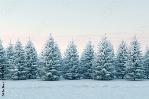 A row of evergreen trees covered in fresh snow standing in a snowy field © Ilia Nesolenyi