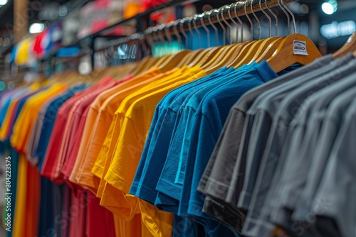 Colorful tshirts hanging on display in a market, representing different fashion trends and styles 8K , high-resolution, ultra HD,up32K HD