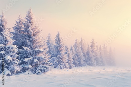 A winter scene showing a snowy landscape with trees covered in fresh snow, creating a picturesque winter wonderland © Ilia Nesolenyi