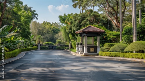 A luxury estate entrance with a private guard booth and a tree-lined driveway