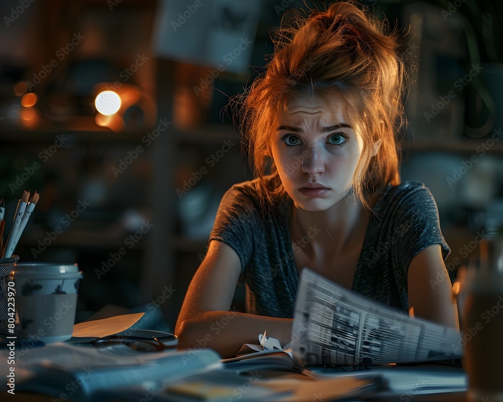 Fototapeta premium Hardworking Woman Under Moody Lighting Surrounded by Late Night Workspace Clutter