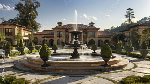 A luxury estate entrance with a fountain centerpiece and manicured topiaries photo