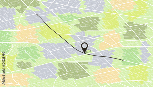 Location tracks dashboard. Isometric city street road. City streets and blocks, route distance data, path turns and destination tag or mark. Huge city top view.