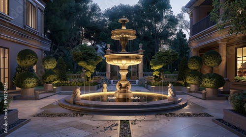 A luxury estate entrance with a fountain centerpiece and manicured topiaries