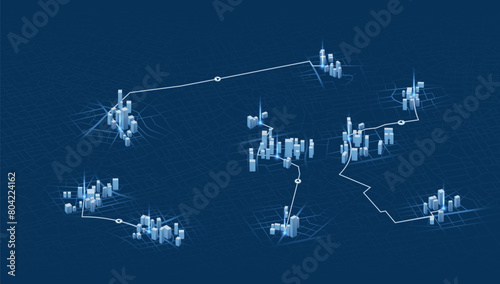 Online Gps tracking navigation journey on vehicle. 3d building on city map. Isometric view on map. Vector illustration.