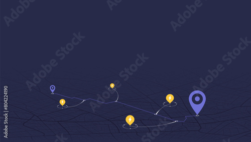 EV charging station location along the route. Gps tracking navigation. Perspective view on map with nearby EV supercharger stations. Vector illustration.
