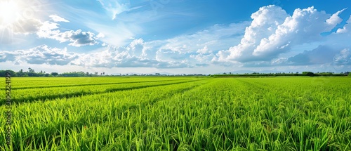 View of rice farm agricultural field with sky, Green agriculture background.
