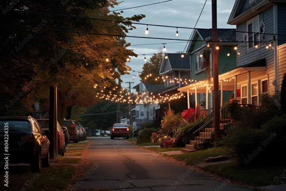 Fototapeta premium Suburban street with a block party and string lights.