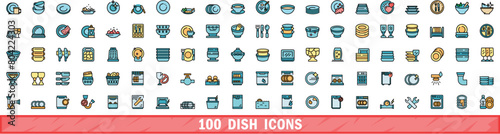 100 dish icons set. Color line set of dish vector icons thin line color flat on white
