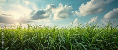 View of sugarcane farm agricultural field with sky, Green agriculture background. photo
