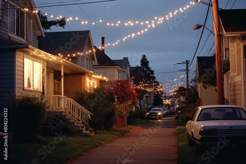 Suburban street with a block party and string lights. photo