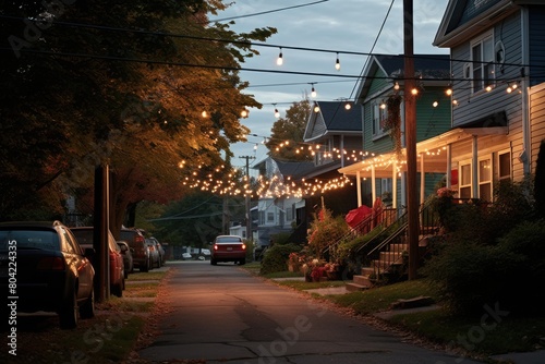 Suburban street with a block party and string lights.
