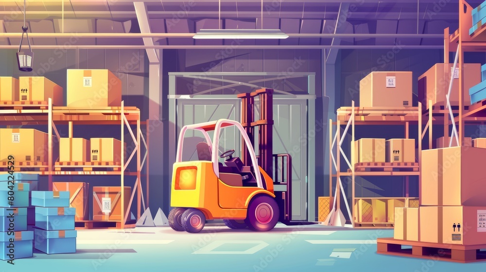 An illustrated warehouse interior with cargo storage and a forklift holding box in a warehouse office hangar. A cartoon illustration of a warehouse with a box on shelves.