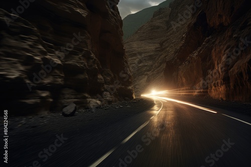 Drive through a canyon with headlights bouncing off the walls. photo