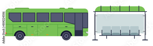 Vector autobus verde interurbano madrid public transport with bus stop bus parking marquee
