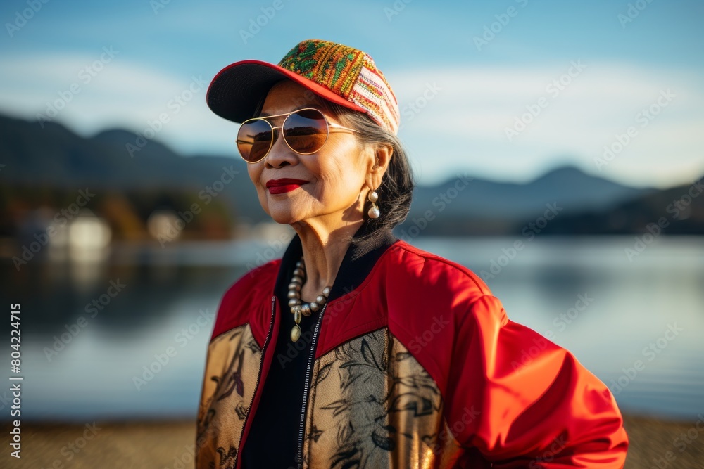 Portrait of a blissful asian woman in her 50s sporting a stylish varsity jacket on serene lakeside view Portrait of a blissful asian woman in her 50s sporting a stylish varsity jacket on serene lakeside view