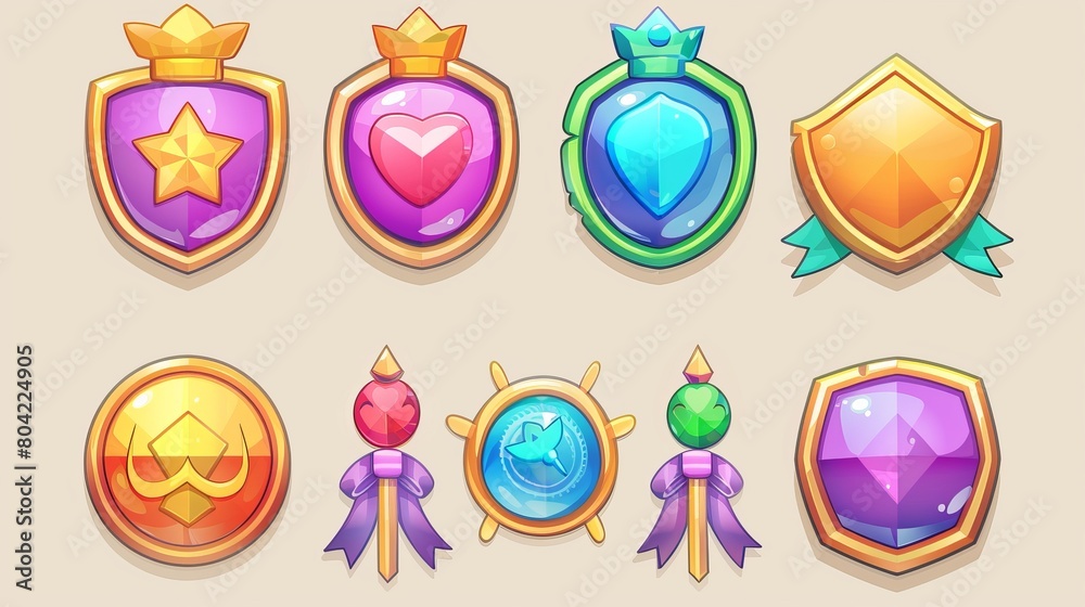 Medal set for level up awards in UI games. Gold trophy reward design for casino achievements with ribbon and arrow. Arcade app gui label with shield popup cartoon illustration. Medal set for level up awards in UI games. Gold trophy reward design for casino achievements with ribbon and arrow. Arcade app gui label with shield popup cartoon illustration.