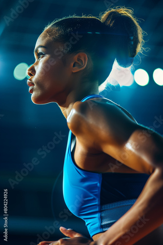 Backlit sports female athlete training in athletics stadium at night in silhouette