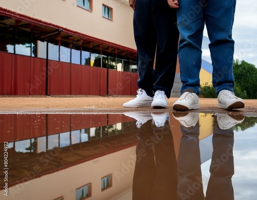 pieds de deux jeunes devant une flaque d'eau leurs baskets se reflétant dans l'eau en ia photo