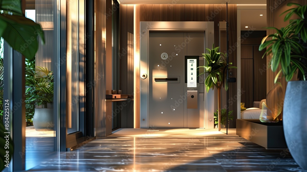 A luxury home entrance with a smart lock system and a touchpad entry A luxury home entrance with a smart lock system and a touchpad entry