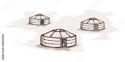 Yurt - nomad's dwelling, life in Central Asia, sketch on a white background