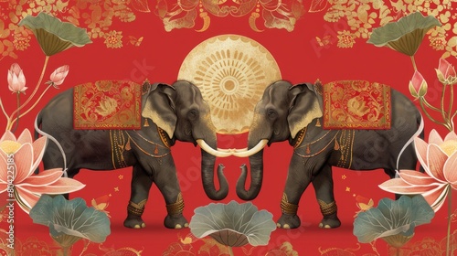 Decorated elephants with celestial symbols and lotus flowers on dark blue background photo