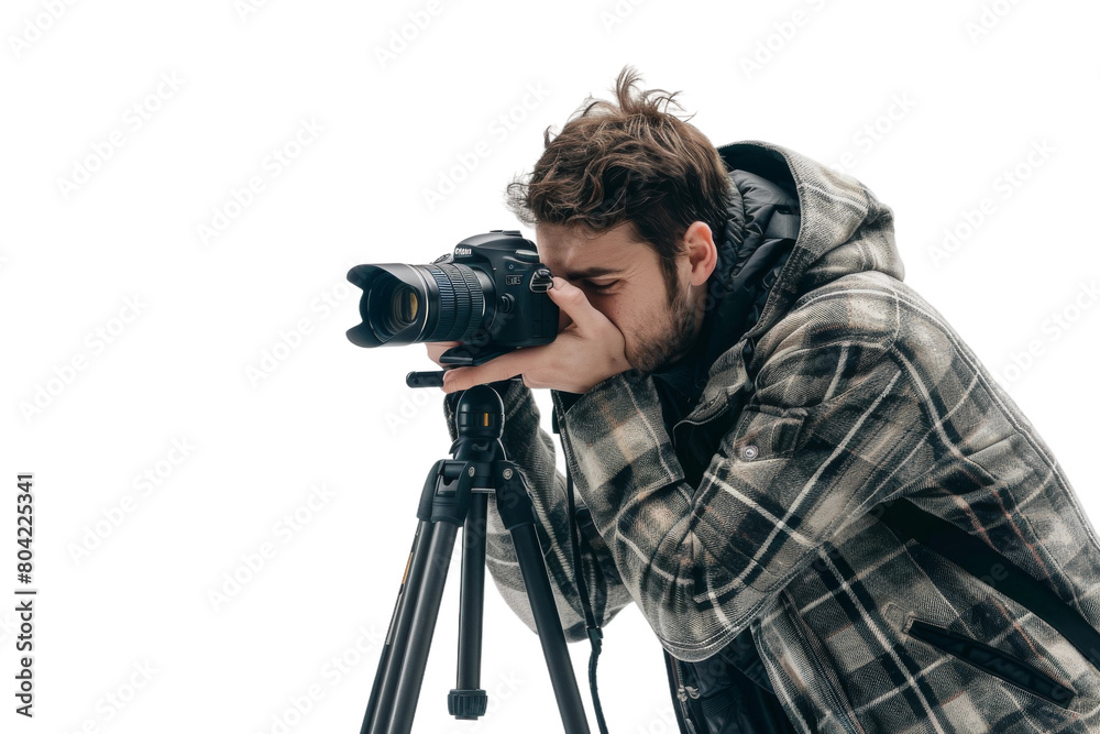 Merry Photographer with Camera and Tripod On Transparent Background.