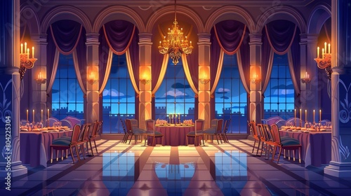 The banquet or ball room of the castle at night - the royal interior with big windows, dining tables and chairs, columns, and a chandelier lit with candles. Cartoon modern of the royal hall at night. photo