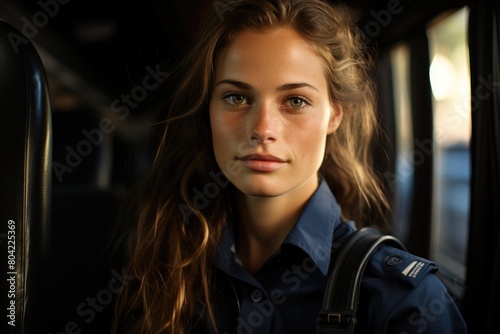 Young Woman in Uniform with Expressive Eyes Inside Vehicle © Julia Jones