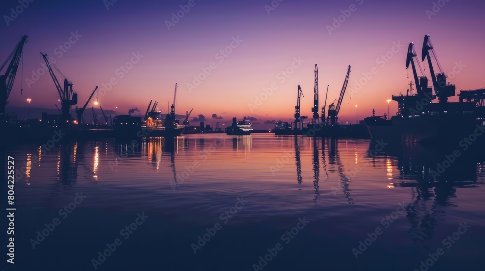 A serene twilight scene at a port, where the soft glow of streetlights illuminates the waterfront and the silhouettes of ships and cranes are reflected in the calm waters below