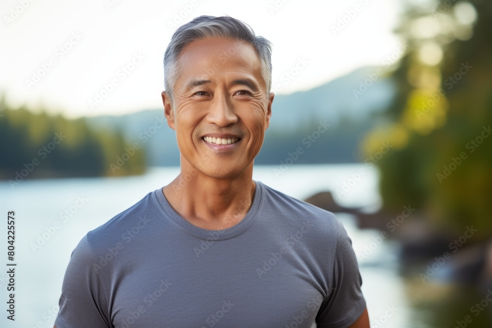 Portrait of a happy asian man in his 50s dressed in a casual t-shirt in front of serene lakeside view Portrait of a happy asian man in his 50s dressed in a casual t-shirt in front of serene lakeside view