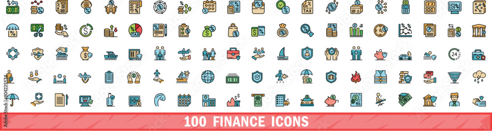 100 finance icons set. Color line set of finance vector icons thin line color flat on white 100 finance icons set. Color line set of finance vector icons thin line color flat on white