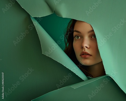 young woman posing out from very a large beautiful shape wide wide hole hole in a straight green canvas paper, looking very distance view, in the style of post-internet aesthetics, photo