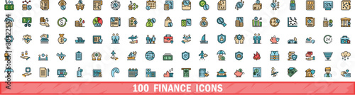 100 finance icons set. Color line set of finance vector icons thin line color flat on white